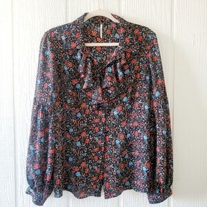 Free People Rose Print Ruffled Button Down Peasant Top Longsleeve Black Medium